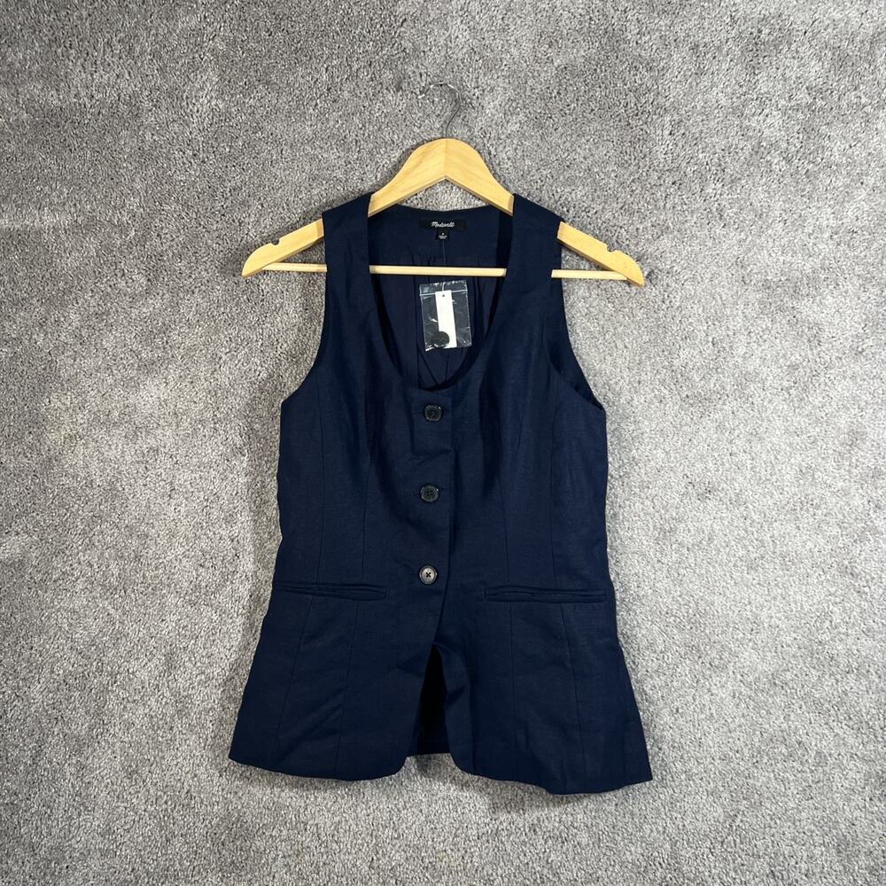 Madewell Womens Linen Vest Size 0 Blue Button Front Cut Away Tailored Lined - Picture 1 of 10
